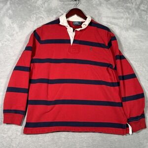 Polo Ralph Lauren Rugby Shirt Mens XL Red Navy Stripe Custom Fit Fleece Lined